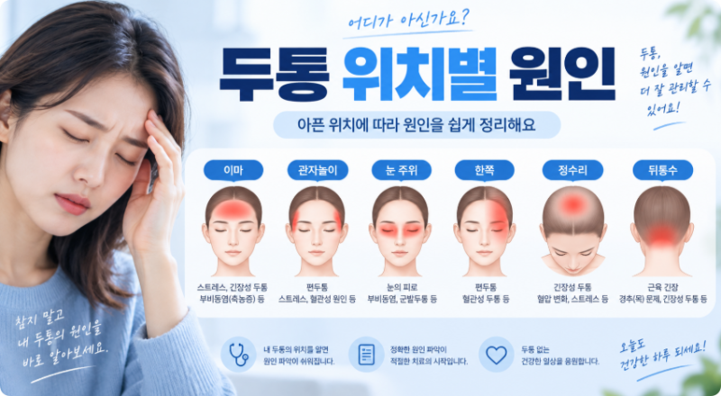 두통 위치별 원인｜이마·관자놀이·뒤통수·눈 주변 통증 총정리