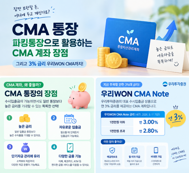 CMA 통장 파킹통장으로 활용하는 CMA 계좌 3% 금리 우리WON Note 통장