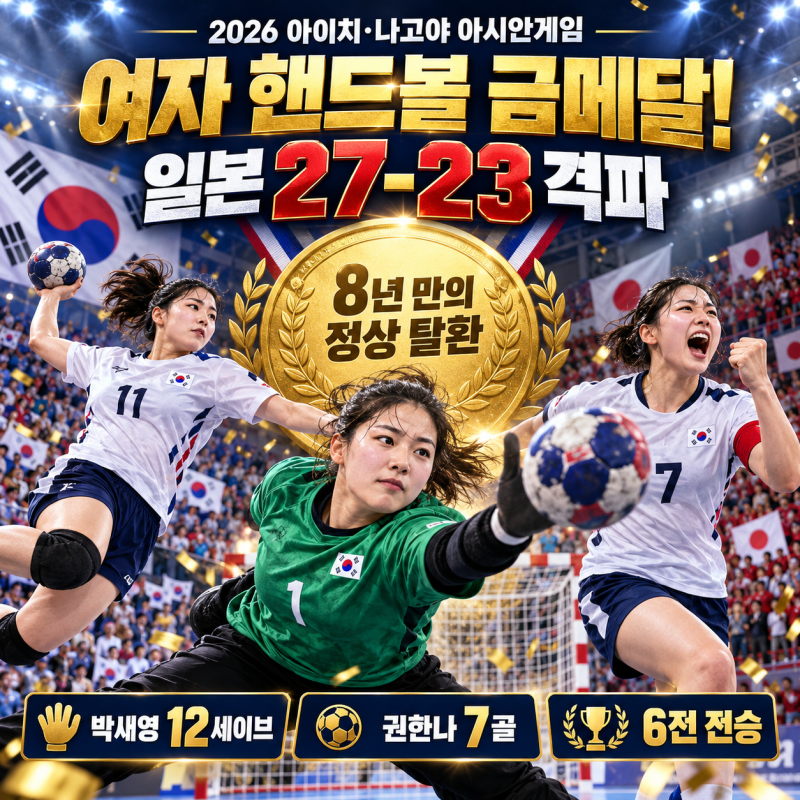 2026 아시안게임 여자 핸드볼 일본 27-23 격파…8년 만에 되찾은 아시안게임 금메달