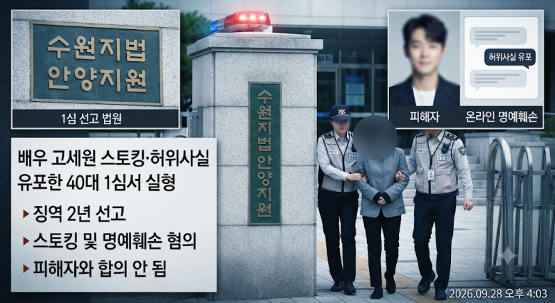 [사회/사건사고] 배우 고세원 스토킹·허위사실 유포한 40대 여성, 1심서 실형 선고