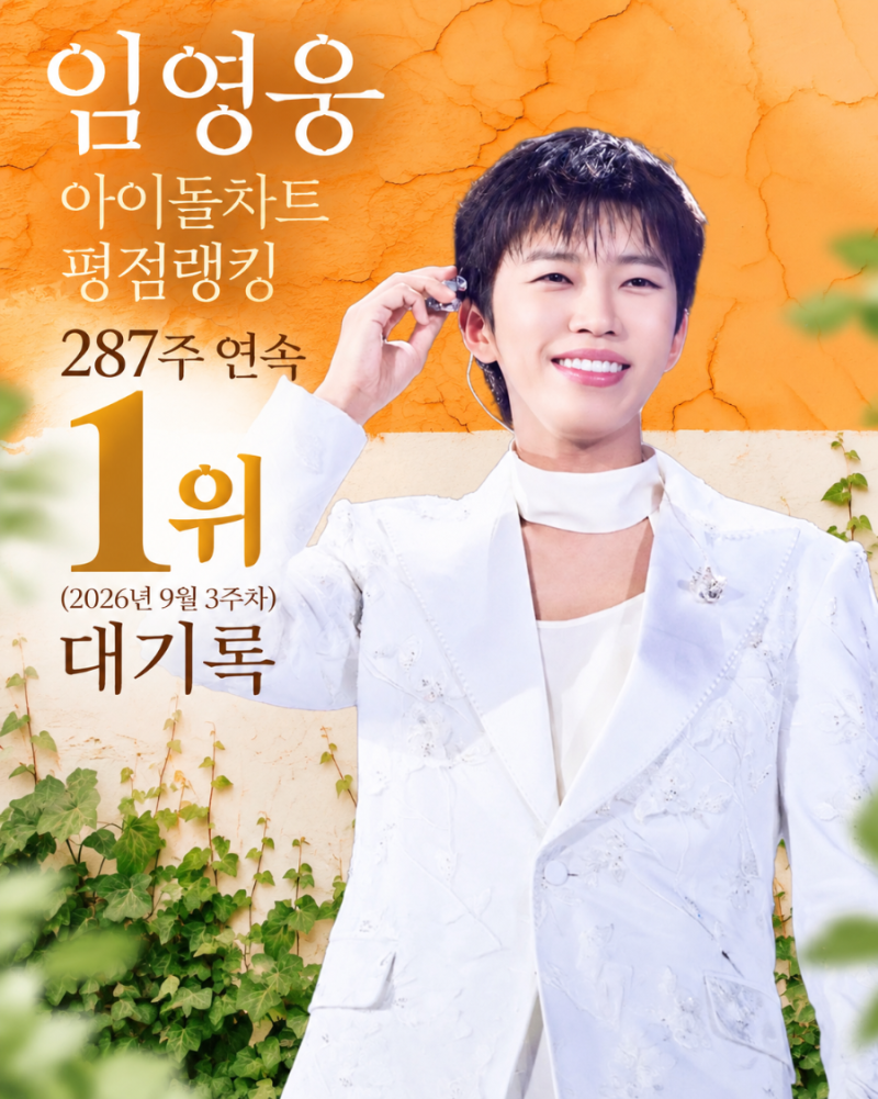 임영웅 아이돌 차트 평점 랭킹 287주 연속 1위 대기록 (2026년 9월 3주 차)