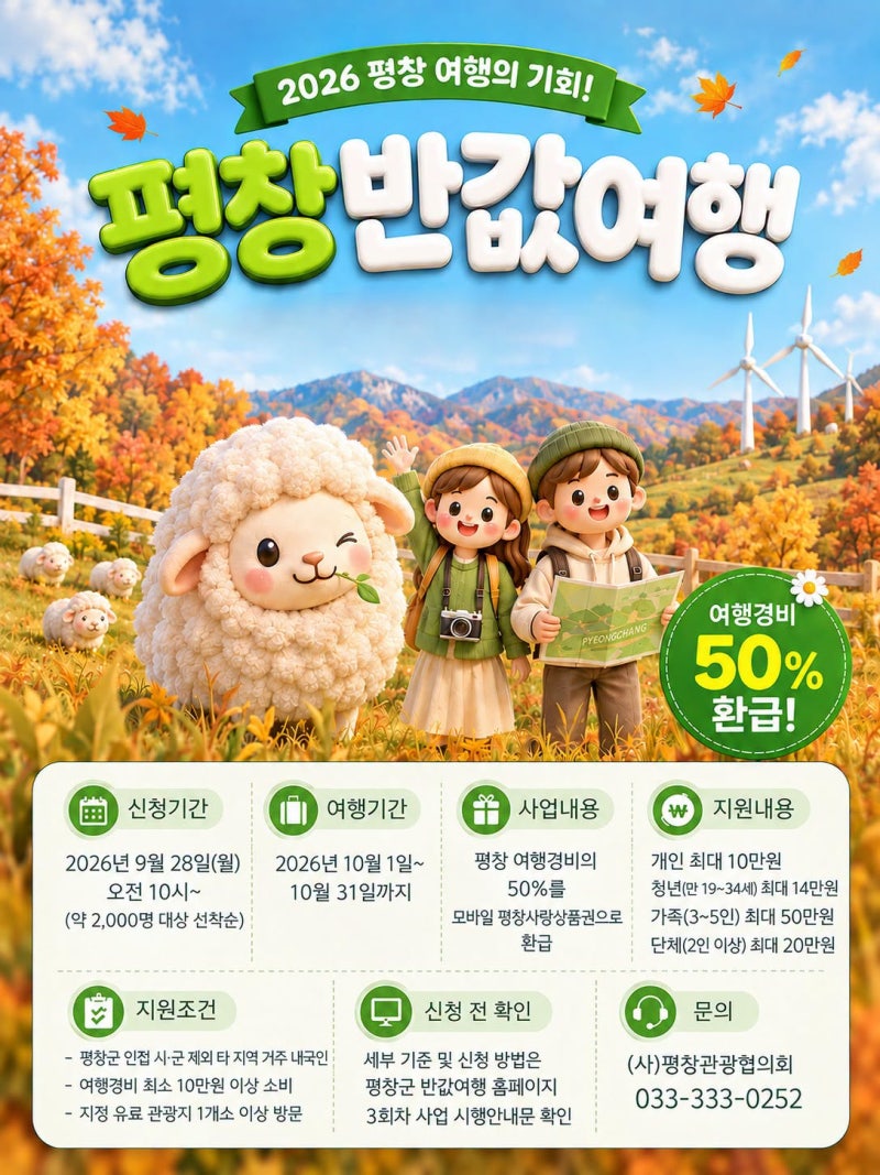 평창 반값여행 3회차 신청일 9월 28일, 10월 여행경비 50% 환급