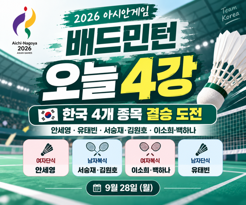 2026 아시안게임 배드민턴 오늘 4강 일정, 한국 4개 종목 결승 도전 (안세영, 서승재·김원호, ....
