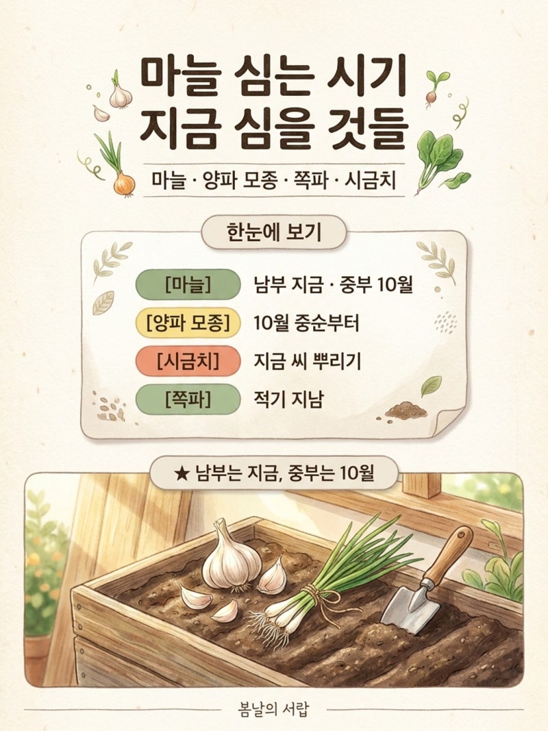 마늘 심는 시기, 남부는 지금·중부는 10월부터｜쪽파·양파 모종·시금치 심는 때