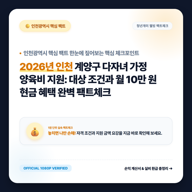 2026년 인천 계양구 다자녀 가정 양육비 지원: 대상 조건과 월 10만 원 현금 혜택 완벽 팩트체....