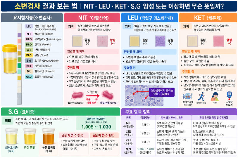 소변검사 결과 보는 법｜NIT·LEU·KET·S.G 양성 또는 이상하면 무슨 뜻일까?