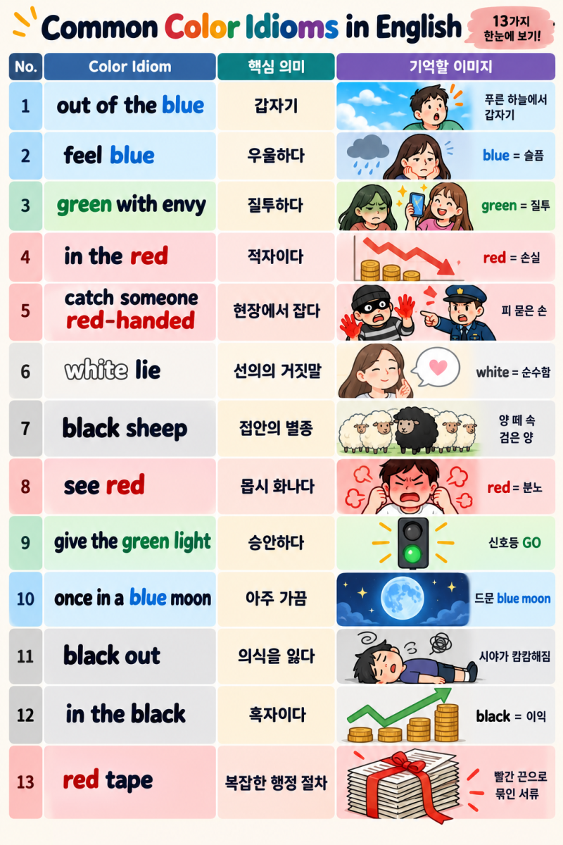 영어 색깔 관용표현(Color Idioms) ①일상 영어에서 자주 쓰이는 색깔 표현 13가지