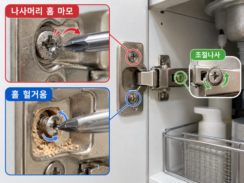 싱크대 경첩 나사 헛돌때 원인과 보강 방법 총정리