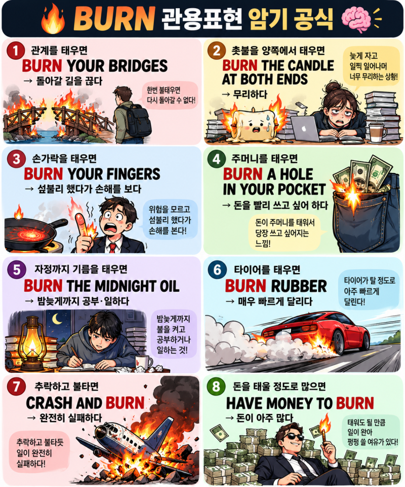 BURN이 들어간 영어 관용표현 총정리 burn your bridges부터 have money to burn까지