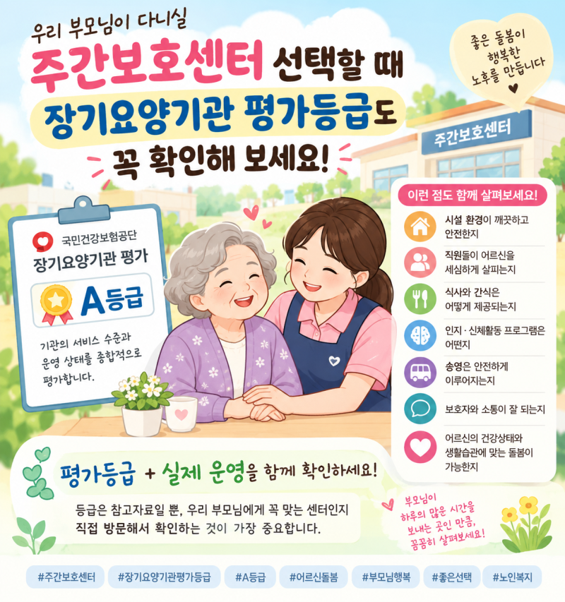 방문요양, 주간보호센터 선택할때 건강보험공단 평가등급을 꼭 확인하세요