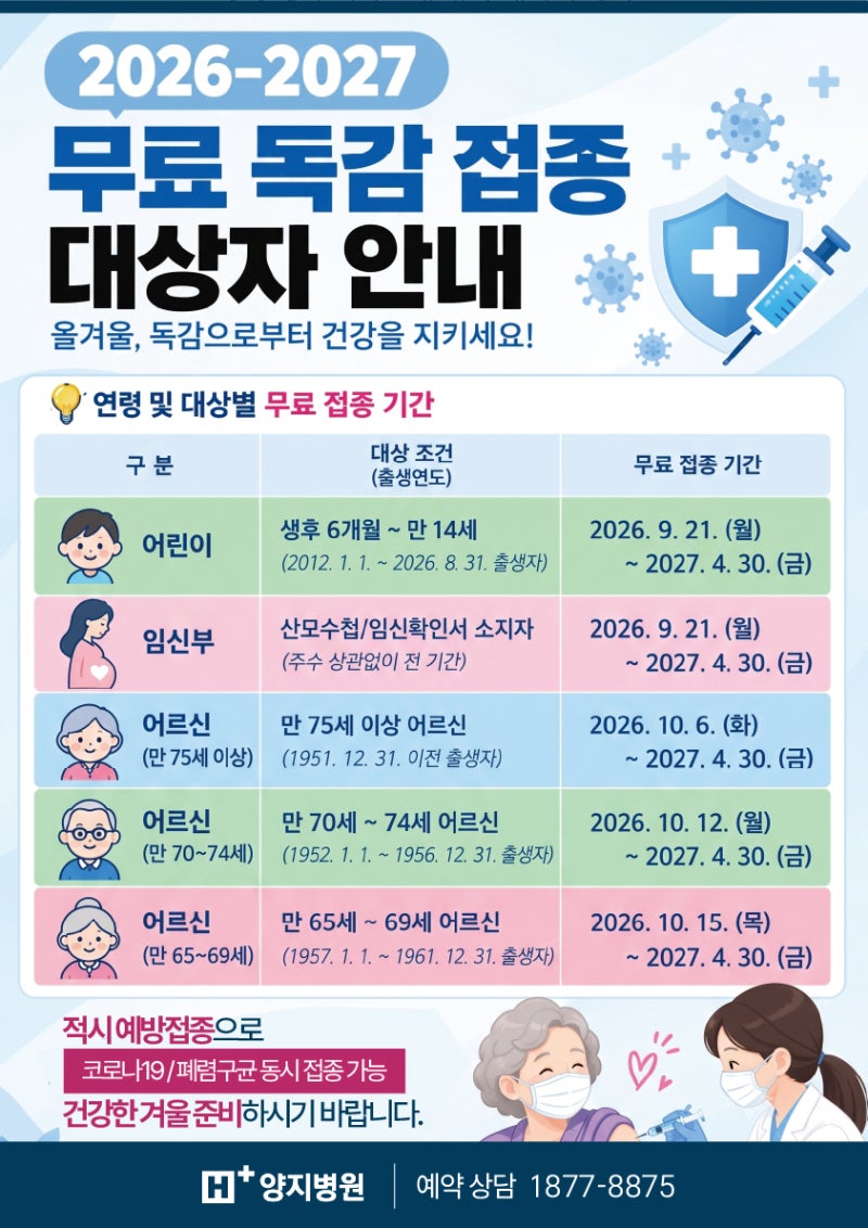 독감 예방접종 안내 총정리! 2026-2027절기 (무료/유료 대상, 기간, 동시접종 백신 총정리)