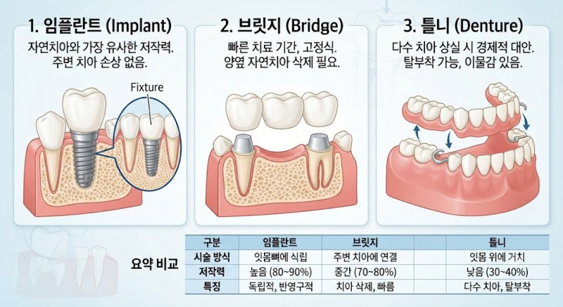 치아 상실했을 때 고민이라면? 임플란트 브릿지 틀니 비용과 수명 장단점 비교