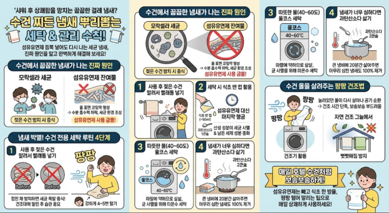 수건 꿉꿉한 냄새 없애는 법 식초 삶기 세탁과 올바른 건조 관리법