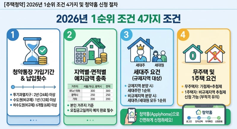 [주택청약] 2026년 1순위 조건 4가지(세대주·무주택·예치금) 및 청약홈 신청 절차