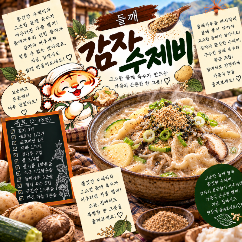 10월 제철 햇들깨 요리 레시피 4종 (걸쭉한 들깨 감자 수제비·햇들기름 가을 나물 3종·태국식....