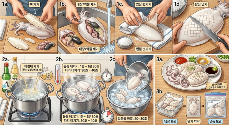 갑오징어 질기지 않게 데치는 법: 1분 30초 시간 공식과 껍질 손질 꿀팁