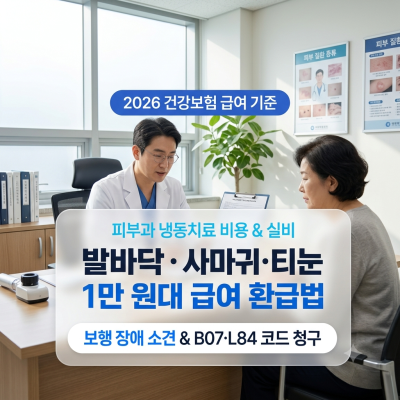 [2026] 발바닥 사마귀·티눈 냉동치료 비용: 피부과 건강보험 급여 기준과 보행 장애 실비 청구....