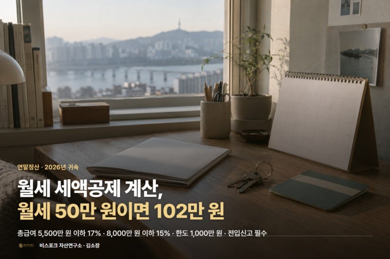 월세 세액공제 계산, 월세 50만 원이면 연말정산 102만 원 돌려받습니다