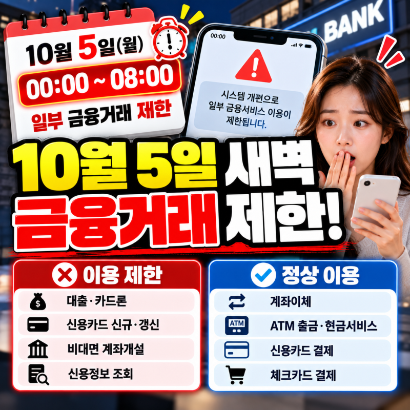 10월 5일 금융거래 일부 중단｜대출·비대면 계좌개설 제한 시간 정리
