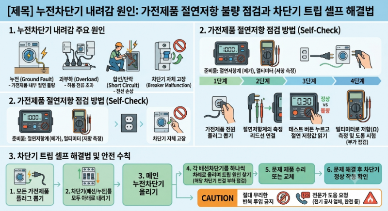 누전차단기 내려감 원인: 가전제품 절연저항 불량 점검과 차단기 트립 셀프 해결법