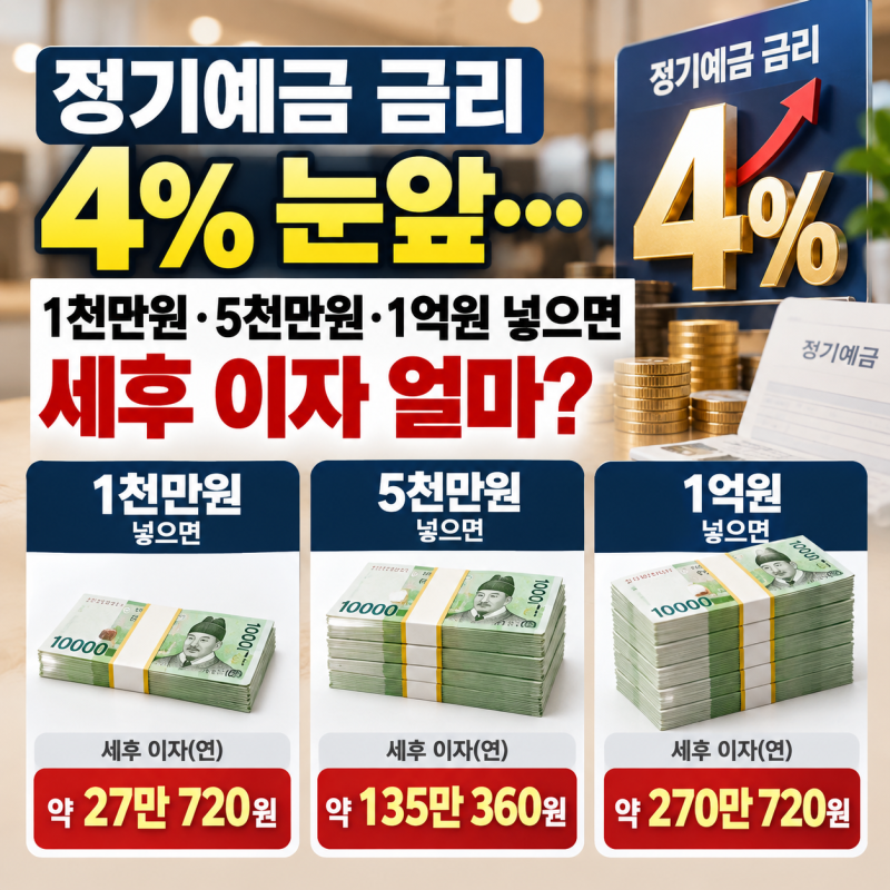 1억원 예금 이자 얼마? 금리 4% 적용 시 세후 이자 계산