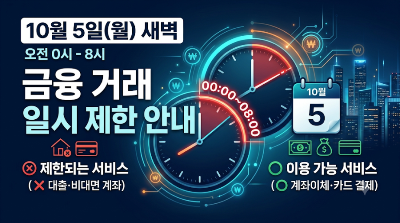 [공지] 10월 5일(월) 새벽 금융 거래 일시 제한 안내 (대출·비대면 계좌개설 중단)
