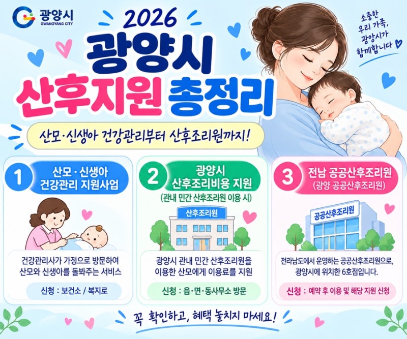 광양시 산후지원 총정리｜산모·신생아 건강관리(산후도우미)부터 산후조리원까지