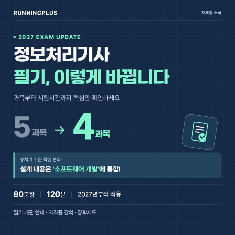 2027 정보처리기사 필기 개편!(시험과목·문항 수·시험시간 한눈에 확인하기)