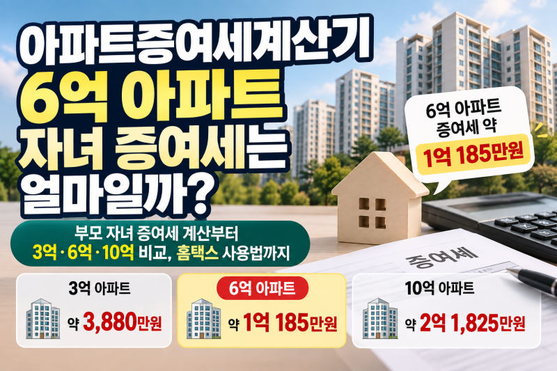 아파트증여세계산기, 6억 아파트 자녀 증여세는 얼마일까?