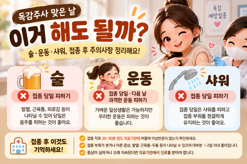 독감주사 맞고 술·운동·샤워 해도 될까?｜접종 후 주의사항 정리