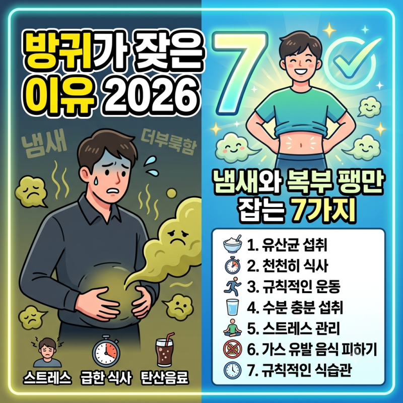 방귀가 잦은 이유 2026 냄새와 복부 팽만 잡는 7가지
