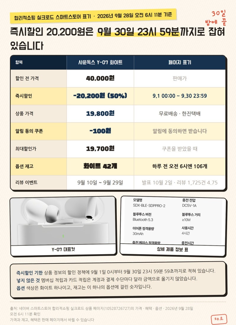 사운독스 Y07 노캔방법 페어링 충전, 9월 30일 할인 마감 전 정리