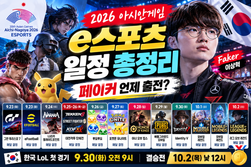 2026 아시안게임 e스포츠 일정 총정리ㅣ롤, 페이커 한국 경기 언제?