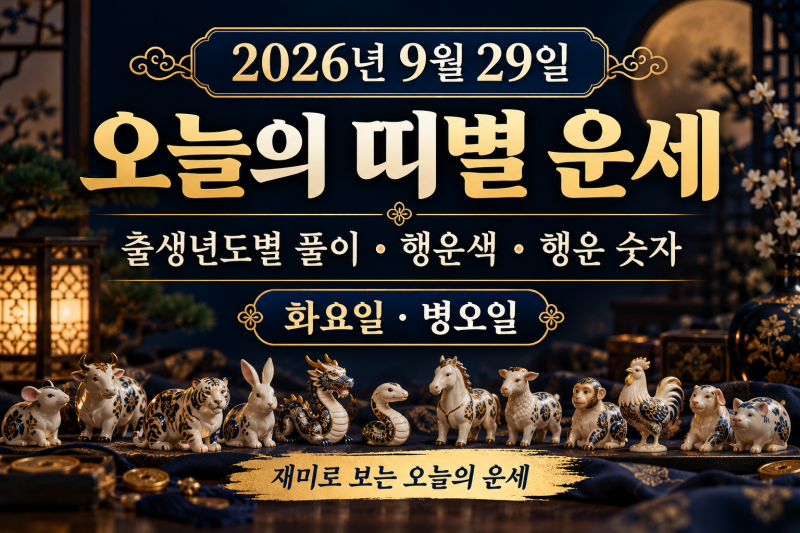 2026년 9월 29일 오늘의 띠별 운세｜출생년도 간지·행운색·행운 숫자까지 상세 풀이
