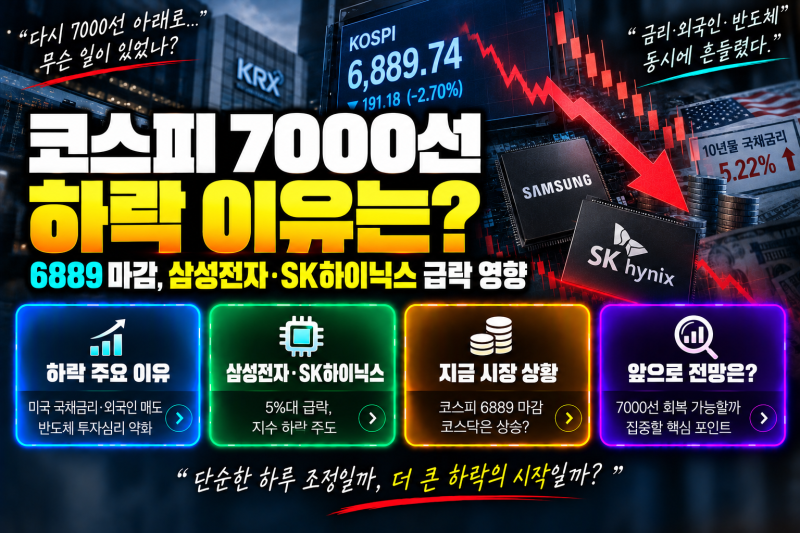 코스피 7000선 하락 이유, 6889 마감한 삼성전자 SK하이닉스 급락 영향