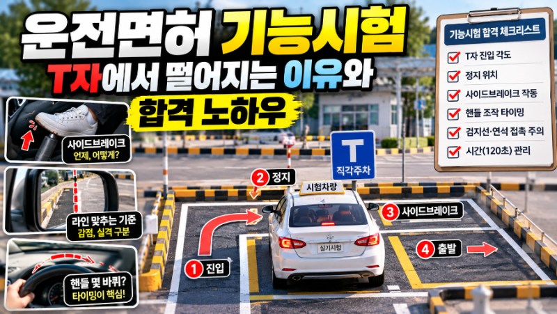 운전면허 기능시험 왜 T자에서 떨어질까? 직각주차·사이드브레이크 실수 줄이는 합격 노하....