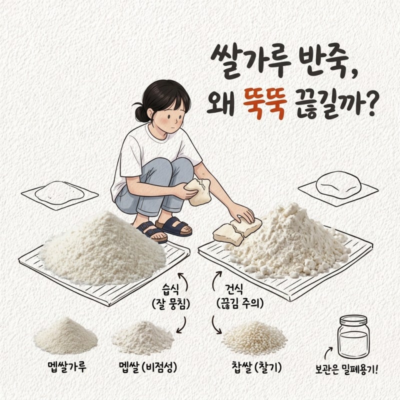 쌀가루 밀가루처럼 반죽하면 뚝뚝 끊김 습식 건식 차이 멥쌀가루 찹쌀가루 보관법 가루쌀