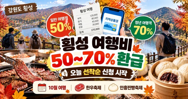 2026 횡성 반값여행 오늘 신청, 10월 여행비 50~70% 환급 조건