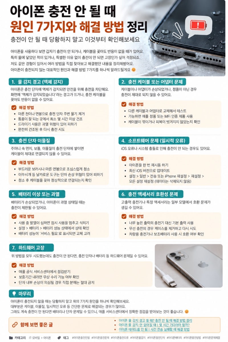 아이폰 충전 안 될 때 해결 방법 7가지｜케이블·충전단자·물 감지까지 확인