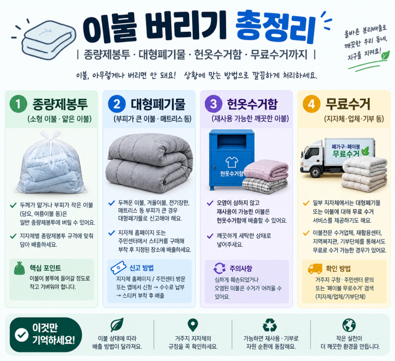 이불 버리기 총정리｜종량제봉투·대형폐기물·헌옷수거함·무료수거까지