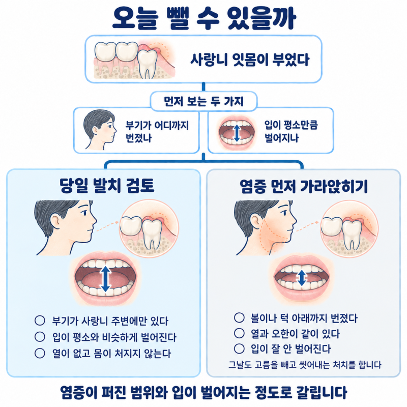 사랑니 잇몸 부음, 오늘 바로 뺄 수 있는 경우와 아닌 경우