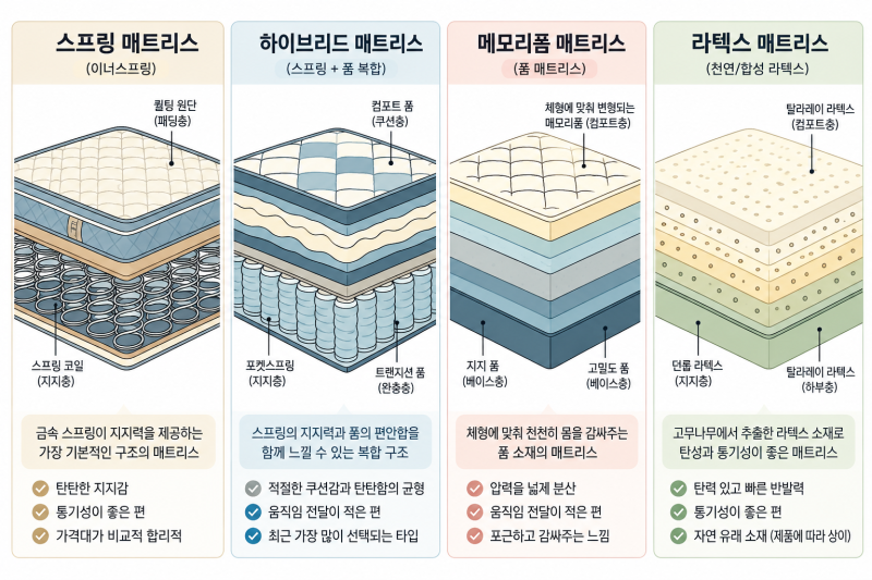 내 몸에 맞는 침대 종류는? | 스프링·메모리폼·라텍스·하이브리드 차이
