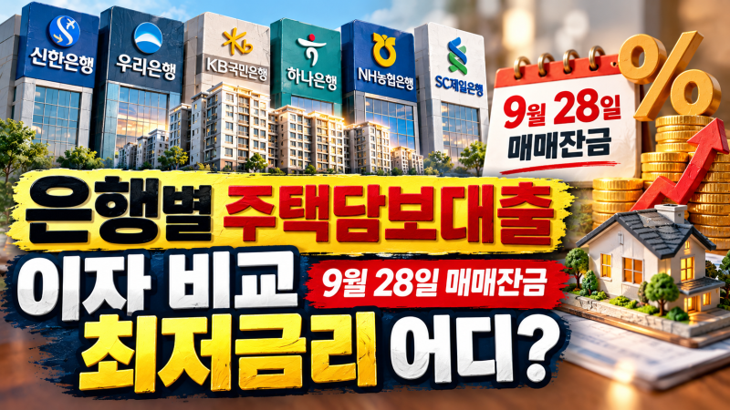 은행별 주택담보대출 이자 비교 9월 28일 매매잔금 최저금리 어디?