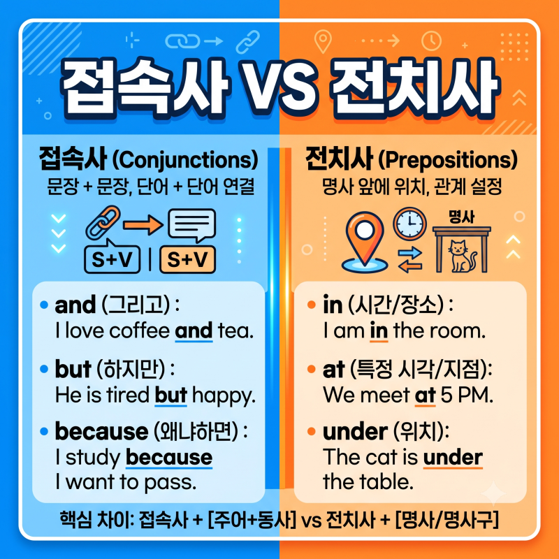접속사 전치사 뜻 차이 종류는?