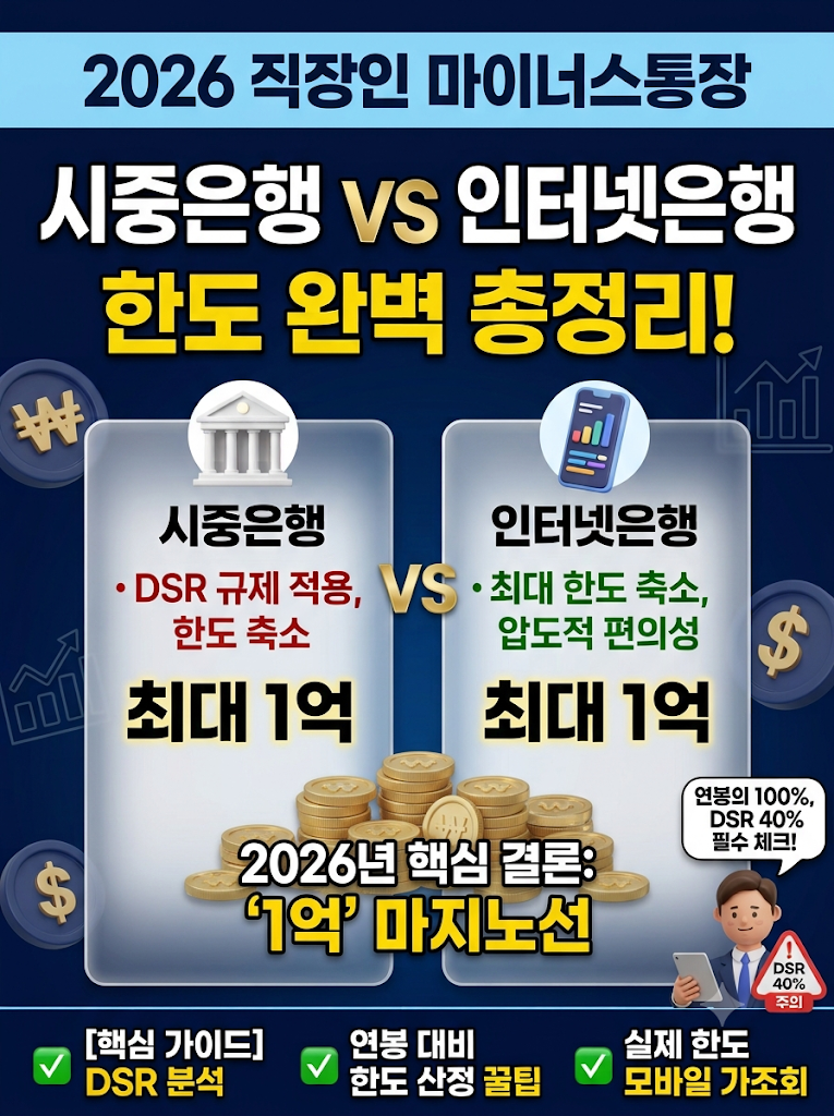2026년 직장인 마이너스통장 한도 비교: 시중은행 vs 인터넷은행 총정리