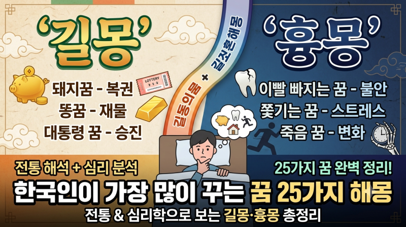 꿈해몽 총정리 — 자주 꾸는 꿈 25가지 의미 (길몽·흉몽 구분 + 심리학적 해석)