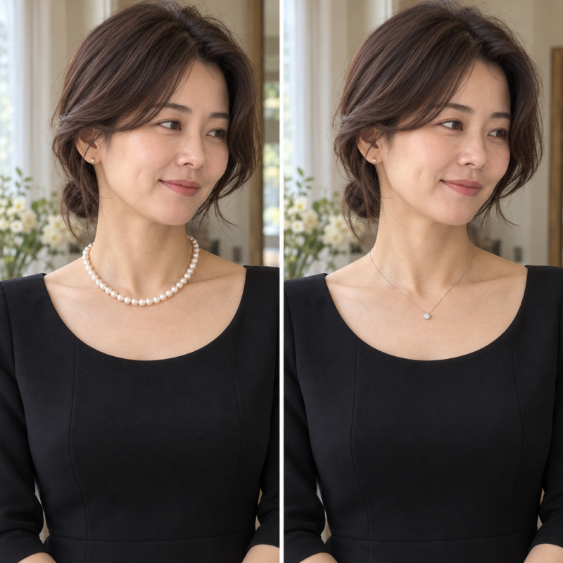 10월 하객룩｜블랙 원피스에 진주 목걸이 vs 다이아 펜던트