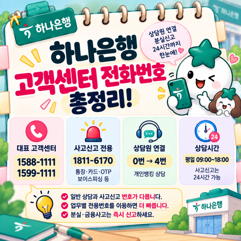 하나은행 고객센터 전화번호 총정리｜상담원 연결·분실신고·24시간·보이스피싱·해외 전화....