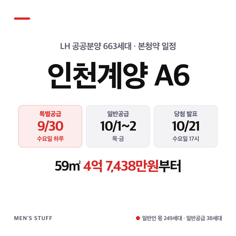 인천계양 A6 청약 일정, 9월 30일은 특별공급이고 일반은 10월 1일