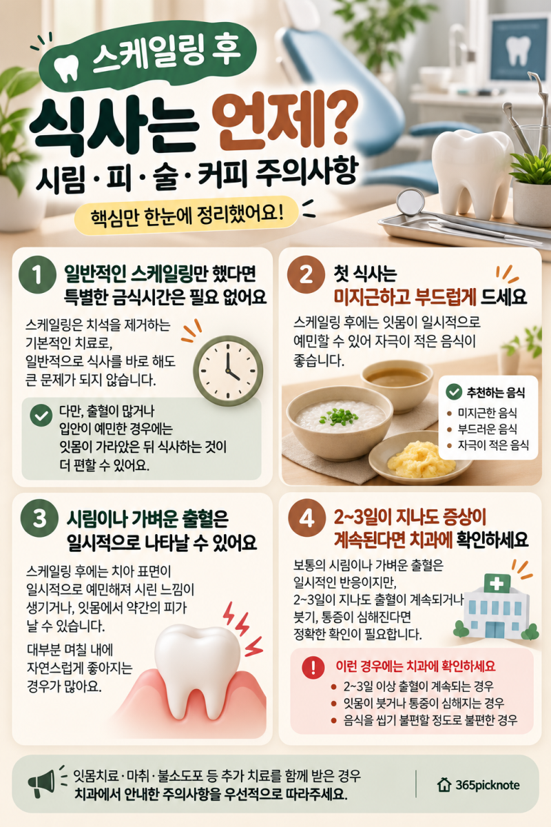 스케일링 후 식사는 언제? 바로 밥 먹어도 될까? 식사부터 술·커피·출혈·시림·양치 주의사....